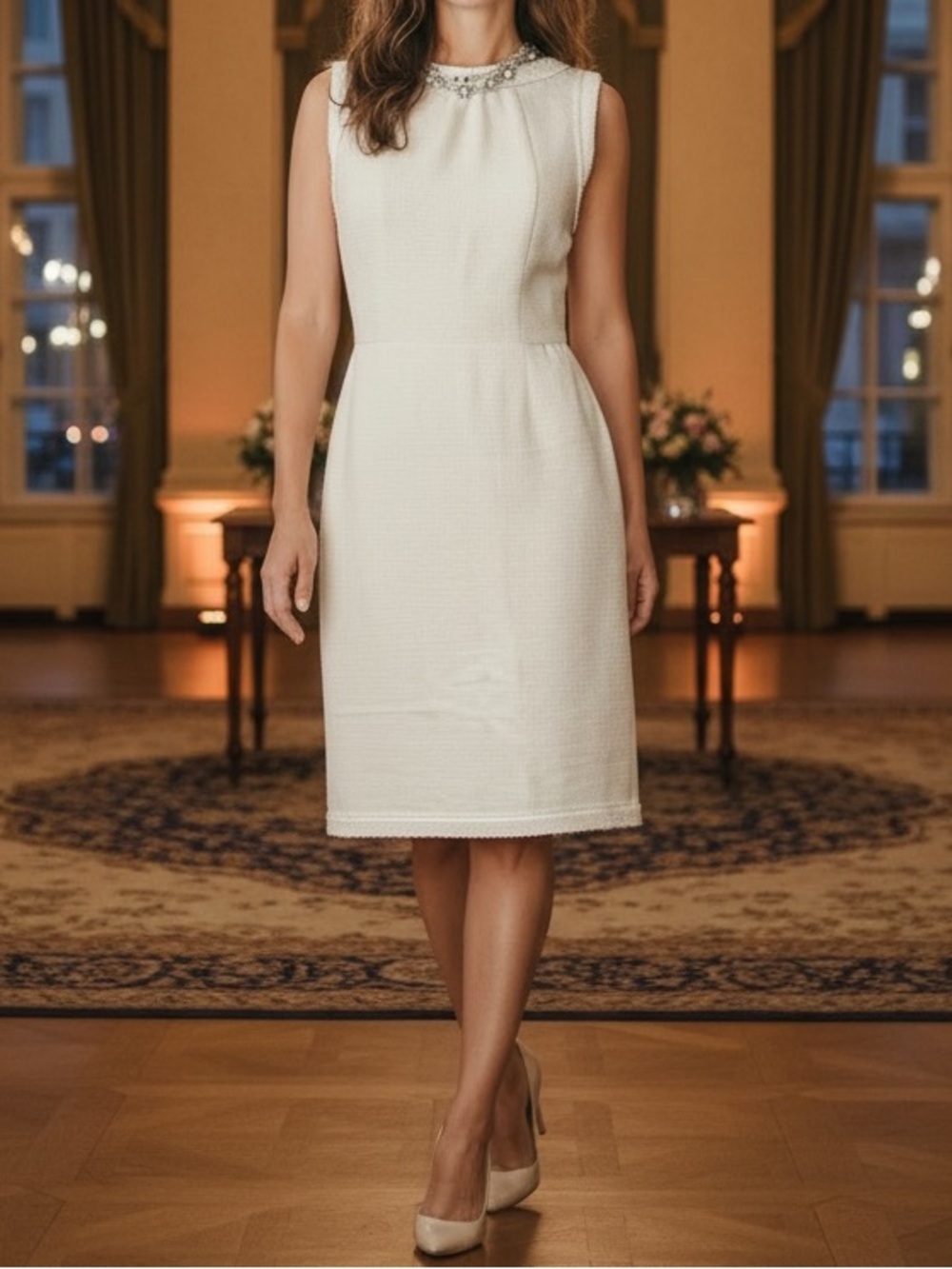 Talbots Elegant  Cream Linen Tweed Sleeveless Sheath Dress